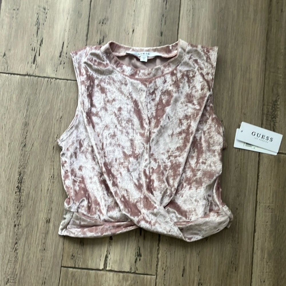 Guess Pink Crushed Velvet Mock neck Crop Twist Tank Top S